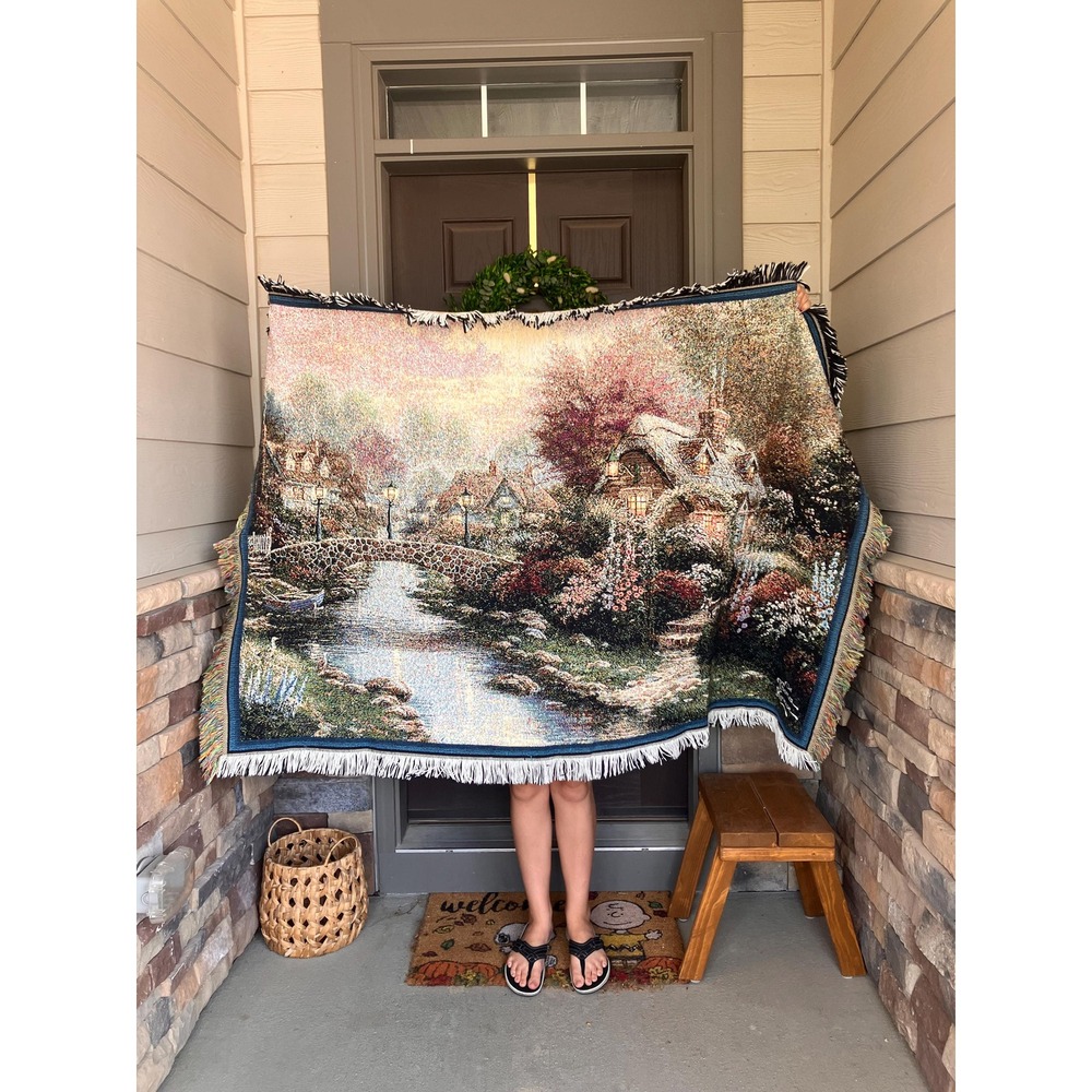 Vintage Thomas Kinkade Painter of Light Woven Tapestry Throw Blanket Cottage